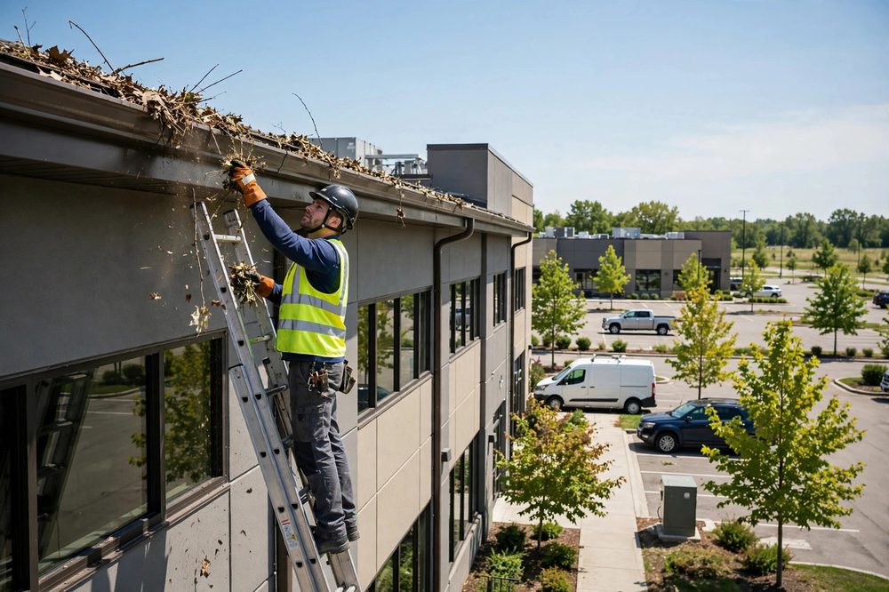 Kleen technician cleaning commercial gutters in Toronto in Etobicoke